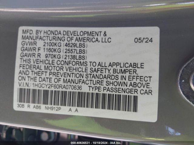 Photo 8 VIN: 1HGCY2F60RA070636 - HONDA ACCORD 