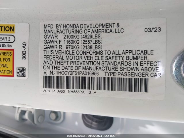 Photo 8 VIN: 1HGCY2F61PA016856 - HONDA ACCORD 