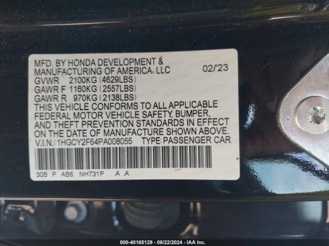 Photo 8 VIN: 1HGCY2F64PA008055 - HONDA ACCORD 