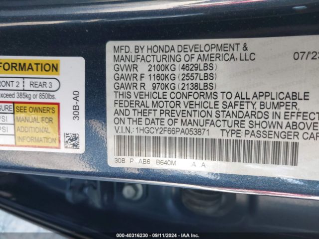 Photo 8 VIN: 1HGCY2F66PA053871 - HONDA ACCORD 