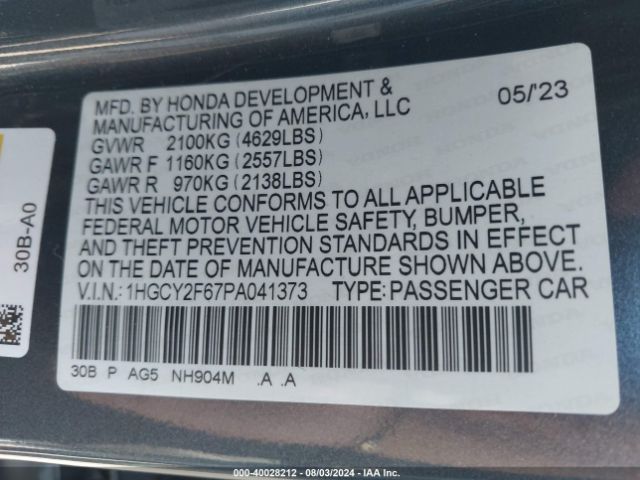 Photo 8 VIN: 1HGCY2F67PA041373 - HONDA ACCORD 