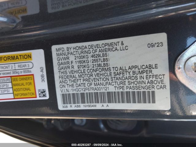 Photo 8 VIN: 1HGCY2F67RA001121 - HONDA ACCORD 