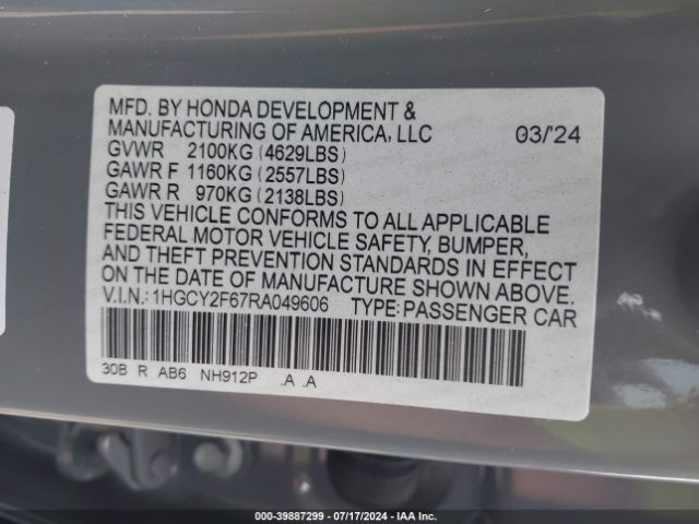 Photo 8 VIN: 1HGCY2F67RA049606 - HONDA ACCORD 