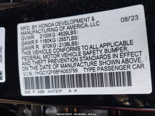 Photo 8 VIN: 1HGCY2F68PA063799 - HONDA ACCORD 