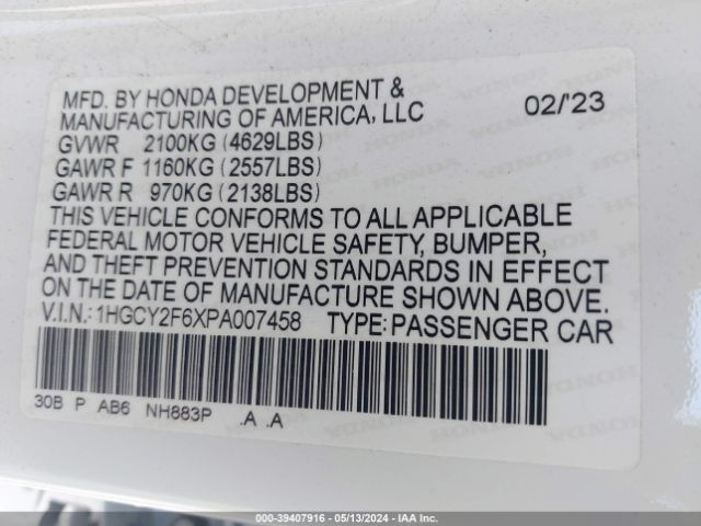 Photo 8 VIN: 1HGCY2F6XPA007458 - HONDA ACCORD 