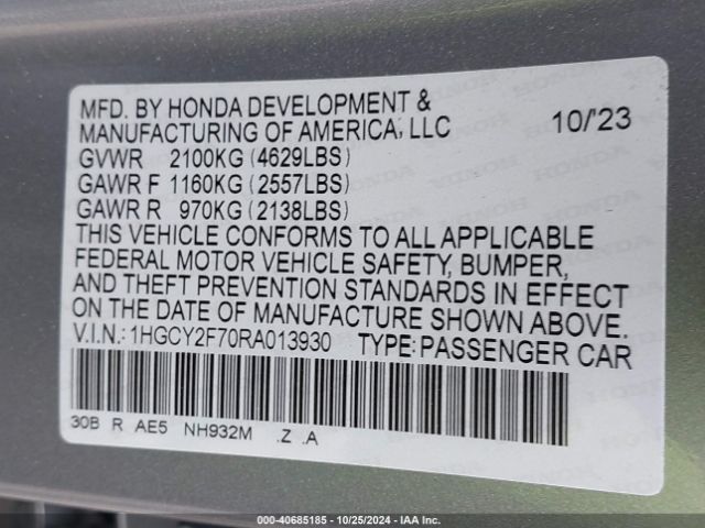 Photo 8 VIN: 1HGCY2F70RA013930 - HONDA ACCORD 