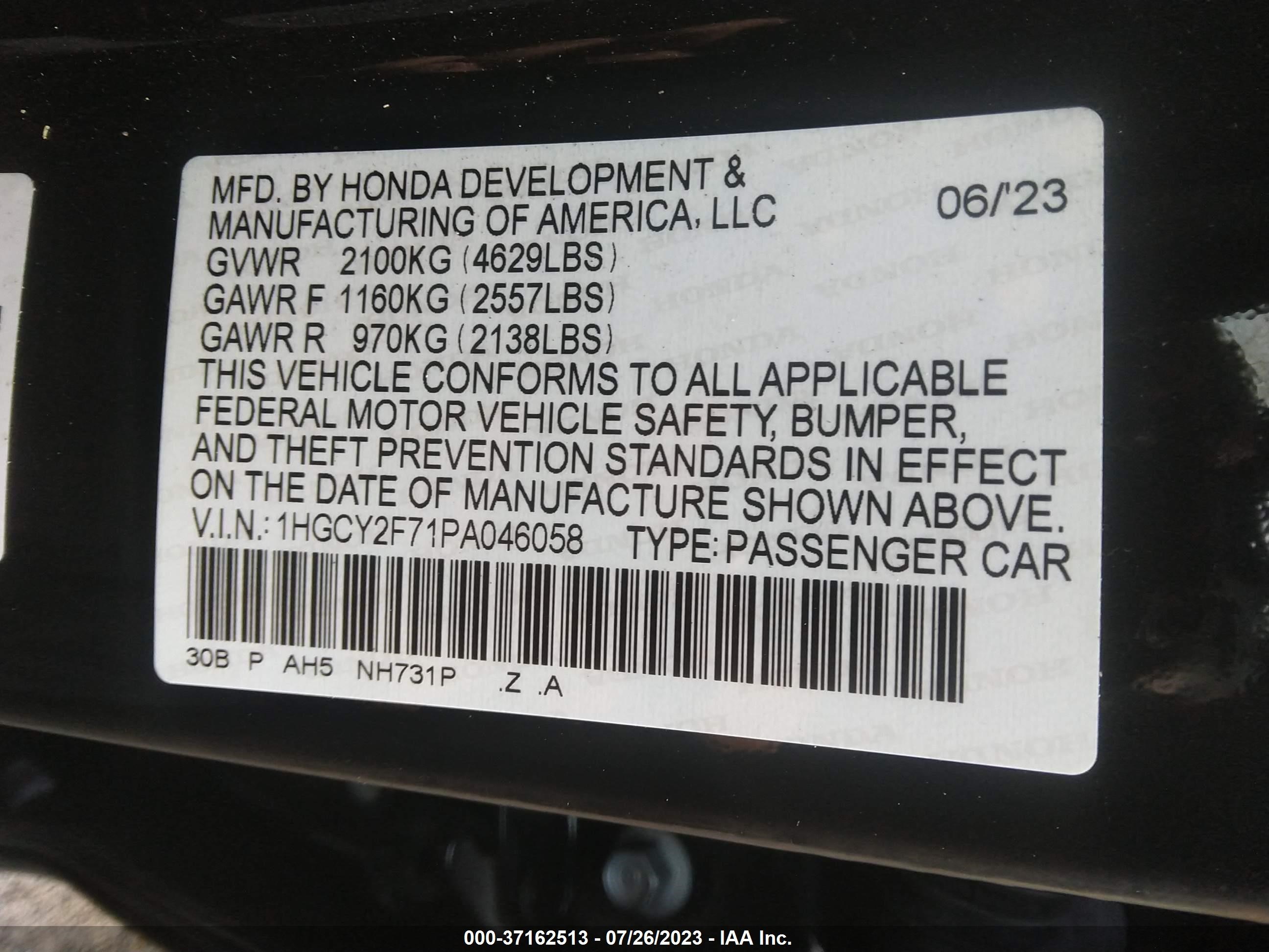 Photo 8 VIN: 1HGCY2F71PA046058 - HONDA ACCORD 