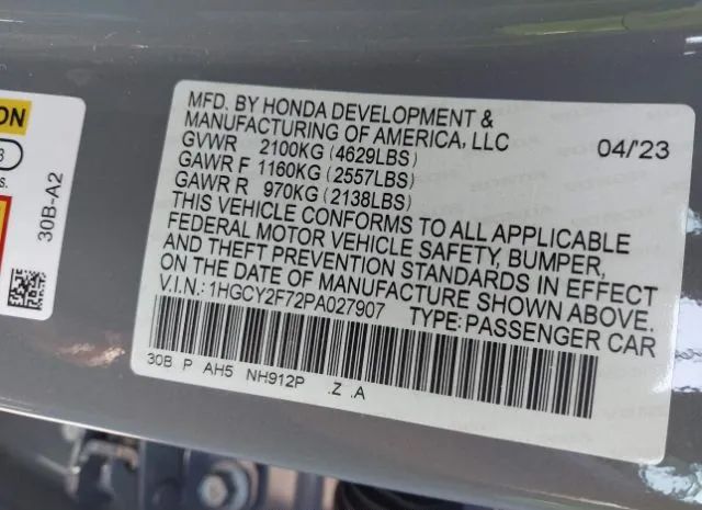 Photo 8 VIN: 1HGCY2F72PA027907 - HONDA ACCORD 