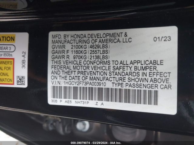 Photo 8 VIN: 1HGCY2F73PA003910 - HONDA ACCORD 