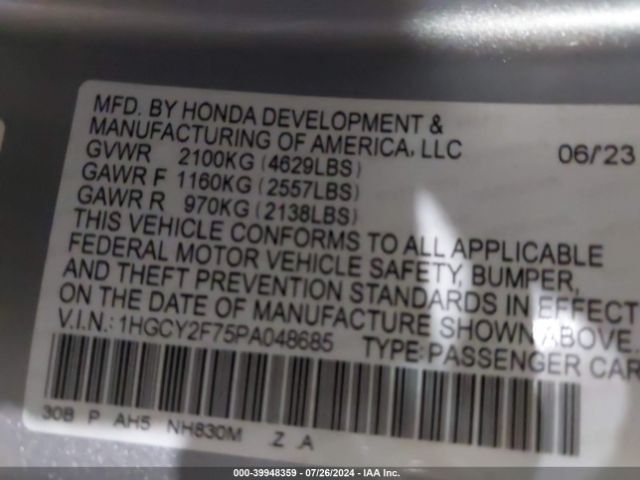 Photo 8 VIN: 1HGCY2F75PA048685 - HONDA ACCORD 