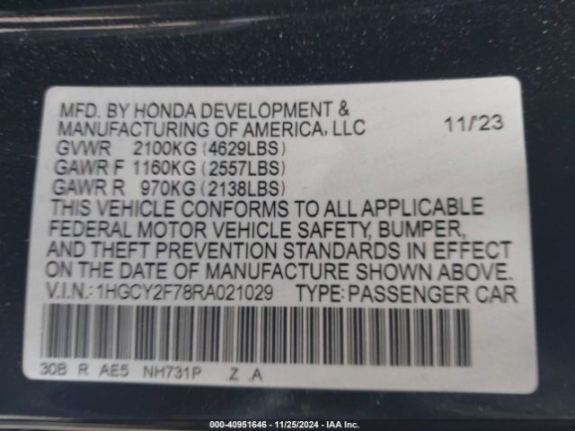 Photo 8 VIN: 1HGCY2F78RA021029 - HONDA ACCORD 