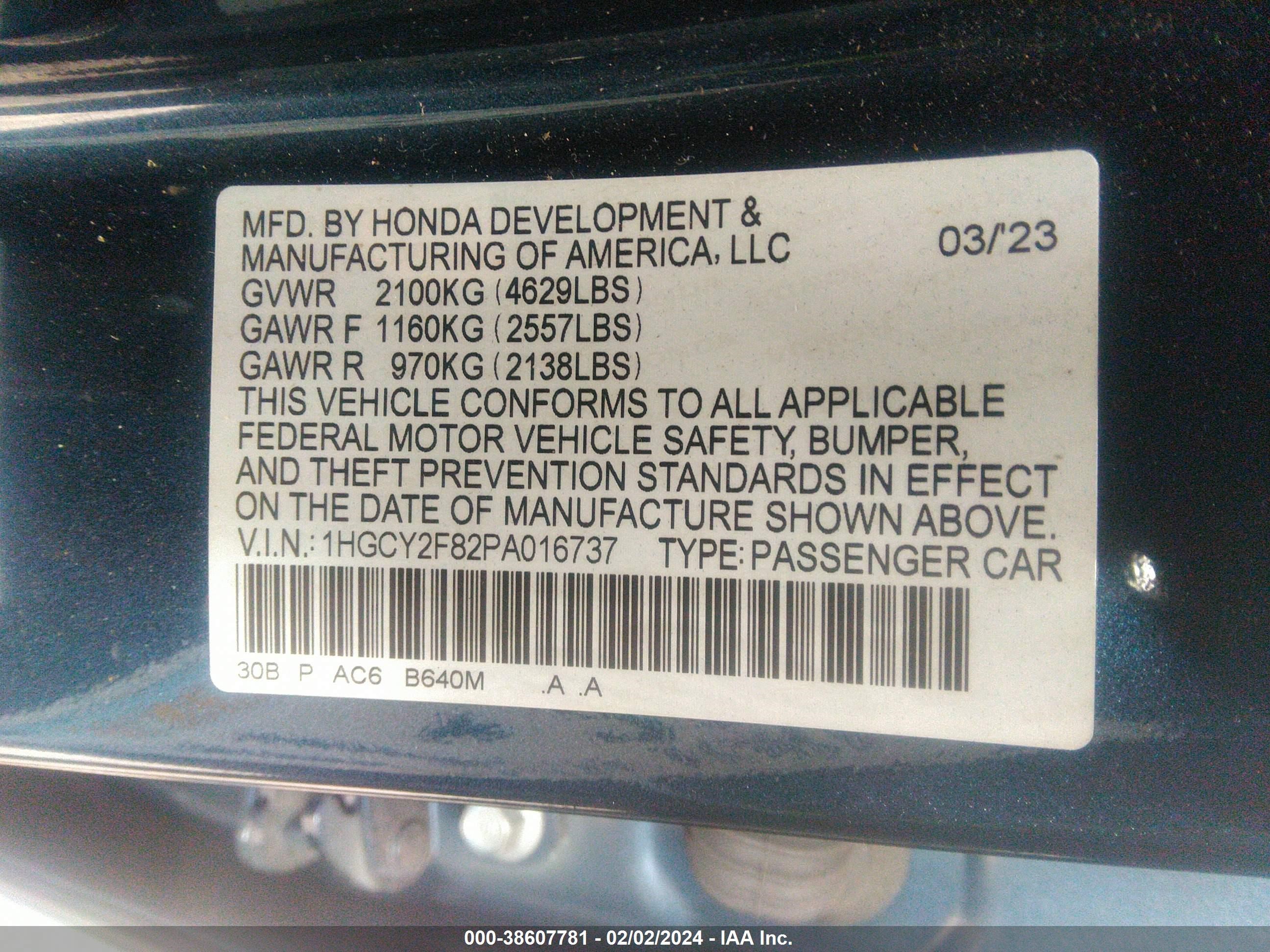 Photo 8 VIN: 1HGCY2F82PA016737 - HONDA ACCORD 