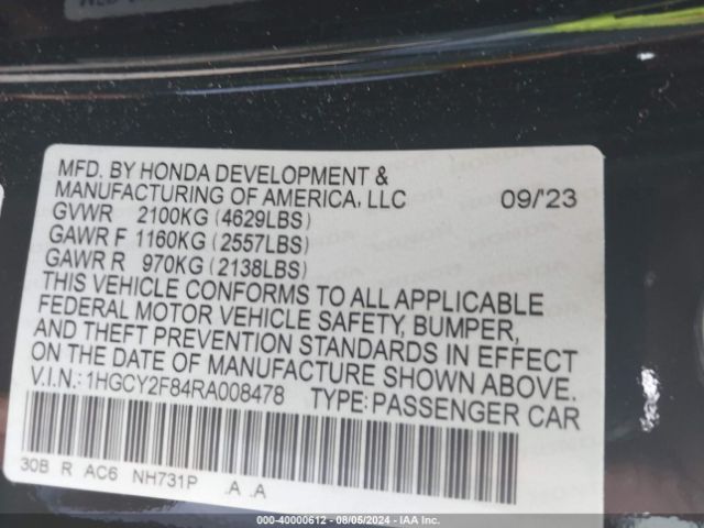 Photo 8 VIN: 1HGCY2F84RA008478 - HONDA ACCORD 