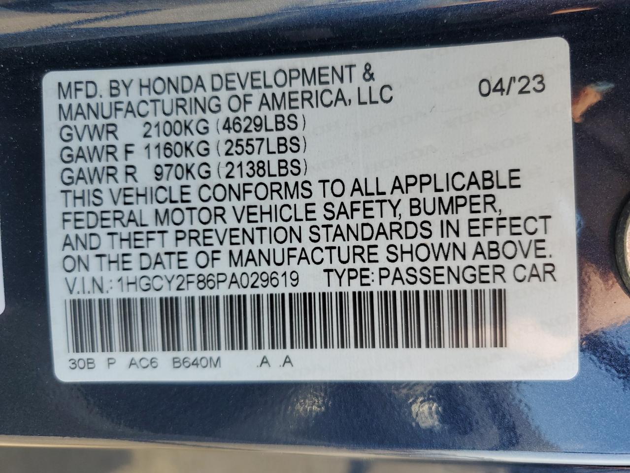 Photo 12 VIN: 1HGCY2F86PA029619 - HONDA ACCORD 