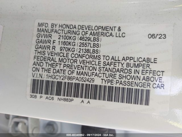 Photo 8 VIN: 1HGCY2F86PA052429 - HONDA ACCORD 