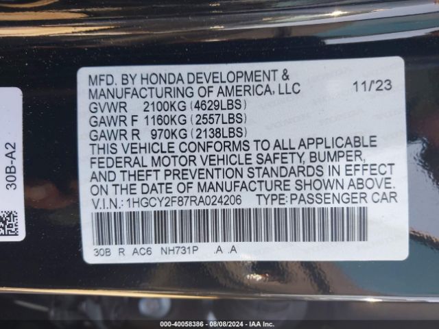 Photo 8 VIN: 1HGCY2F87RA024206 - HONDA ACCORD 