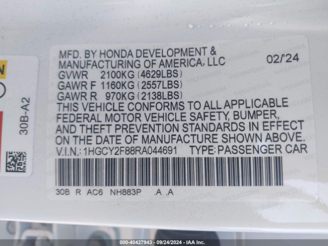 Photo 8 VIN: 1HGCY2F88RA044691 - HONDA ACCORD 