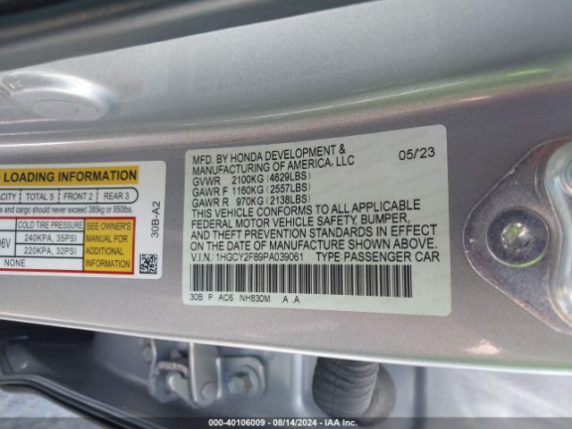 Photo 8 VIN: 1HGCY2F89PA039061 - HONDA ACCORD 