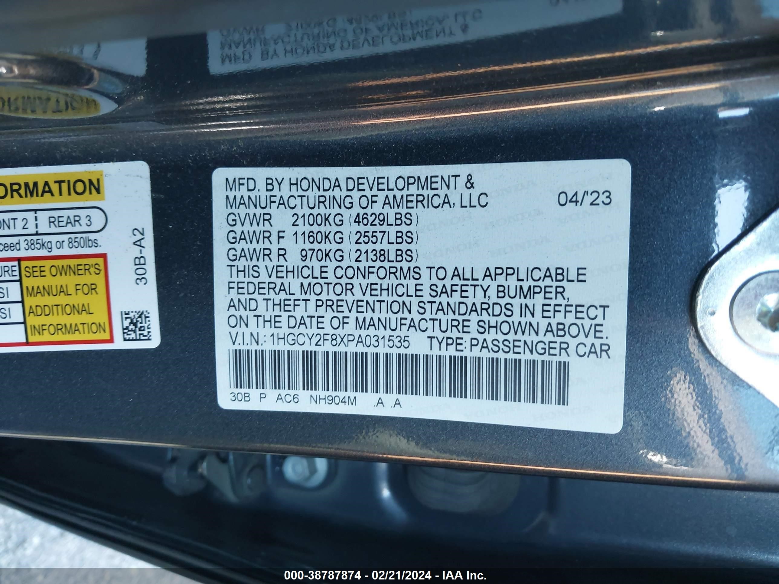 Photo 8 VIN: 1HGCY2F8XPA031535 - HONDA ACCORD 