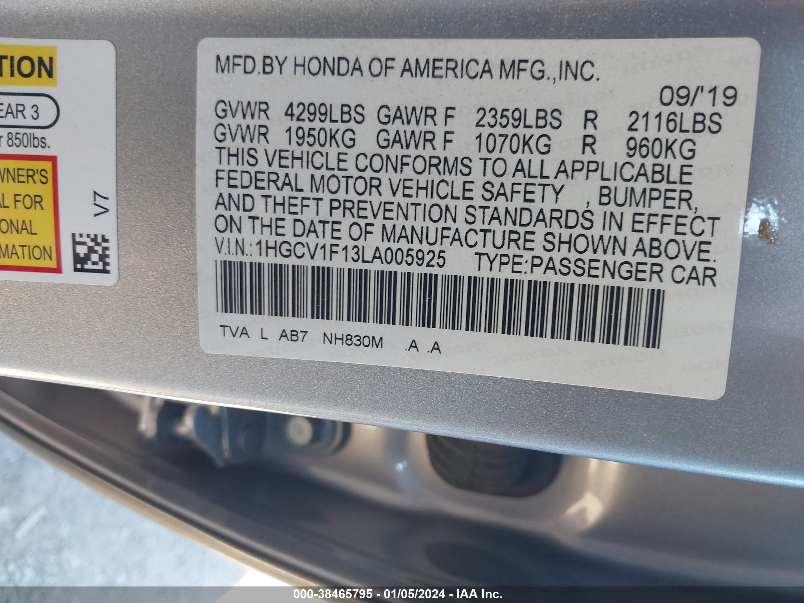 Photo 8 VIN: 1HGCZ1F13LA005925 - HONDA ACCORD 