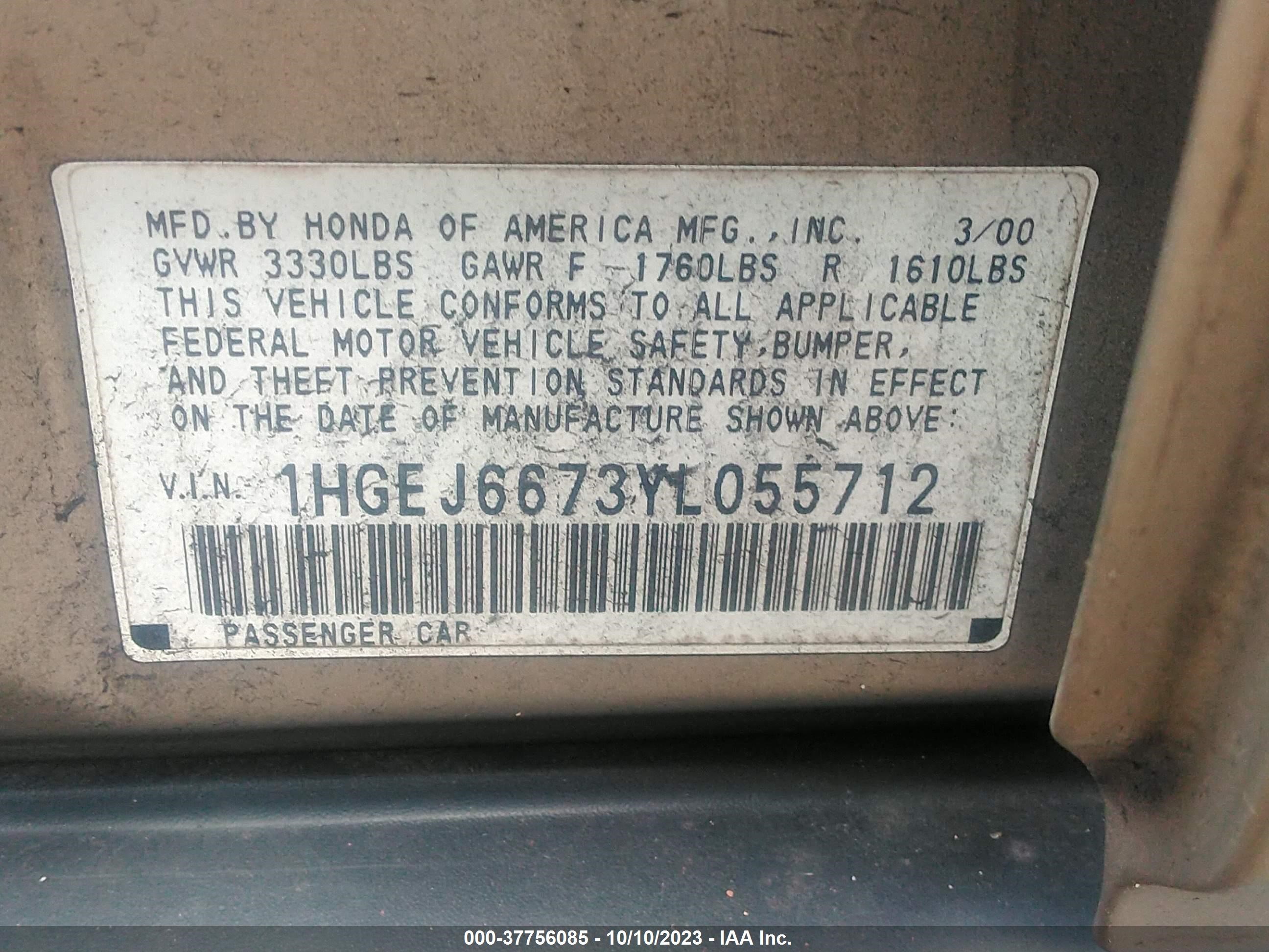 Photo 8 VIN: 1HGEJ6673YL055712 - HONDA CIVIC 