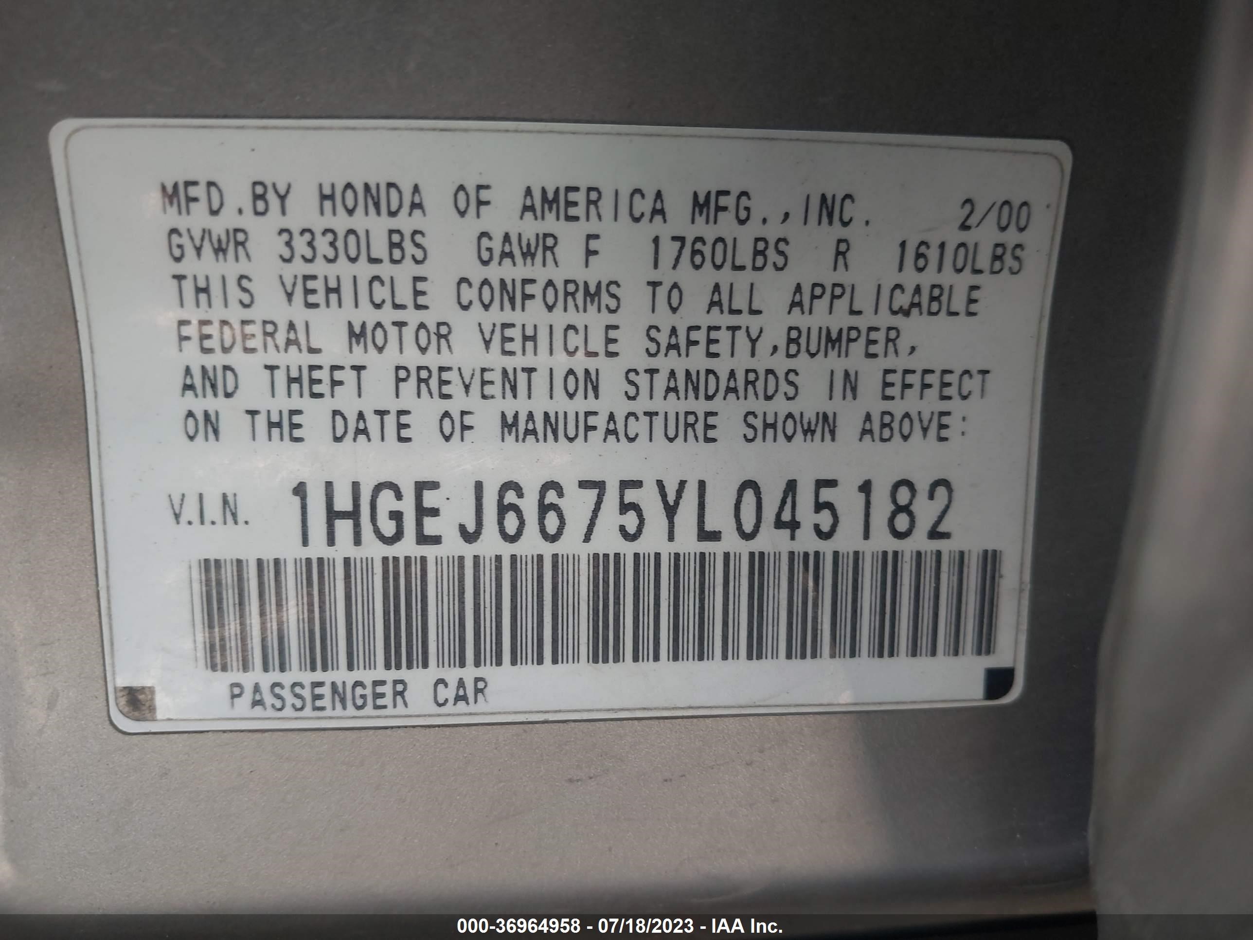 Photo 8 VIN: 1HGEJ6675YL045182 - HONDA CIVIC 