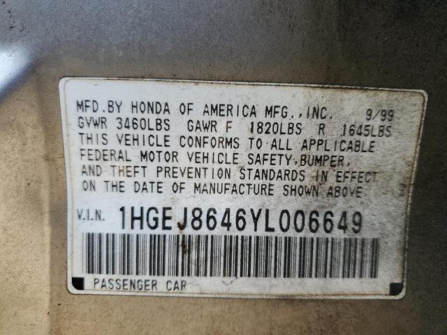 Photo 12 VIN: 1HGEJ8646YL006649 - HONDA CIVIC EX 