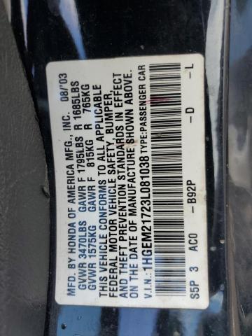 Photo 12 VIN: 1HGEM21723L081038 - HONDA CIVIC HX 