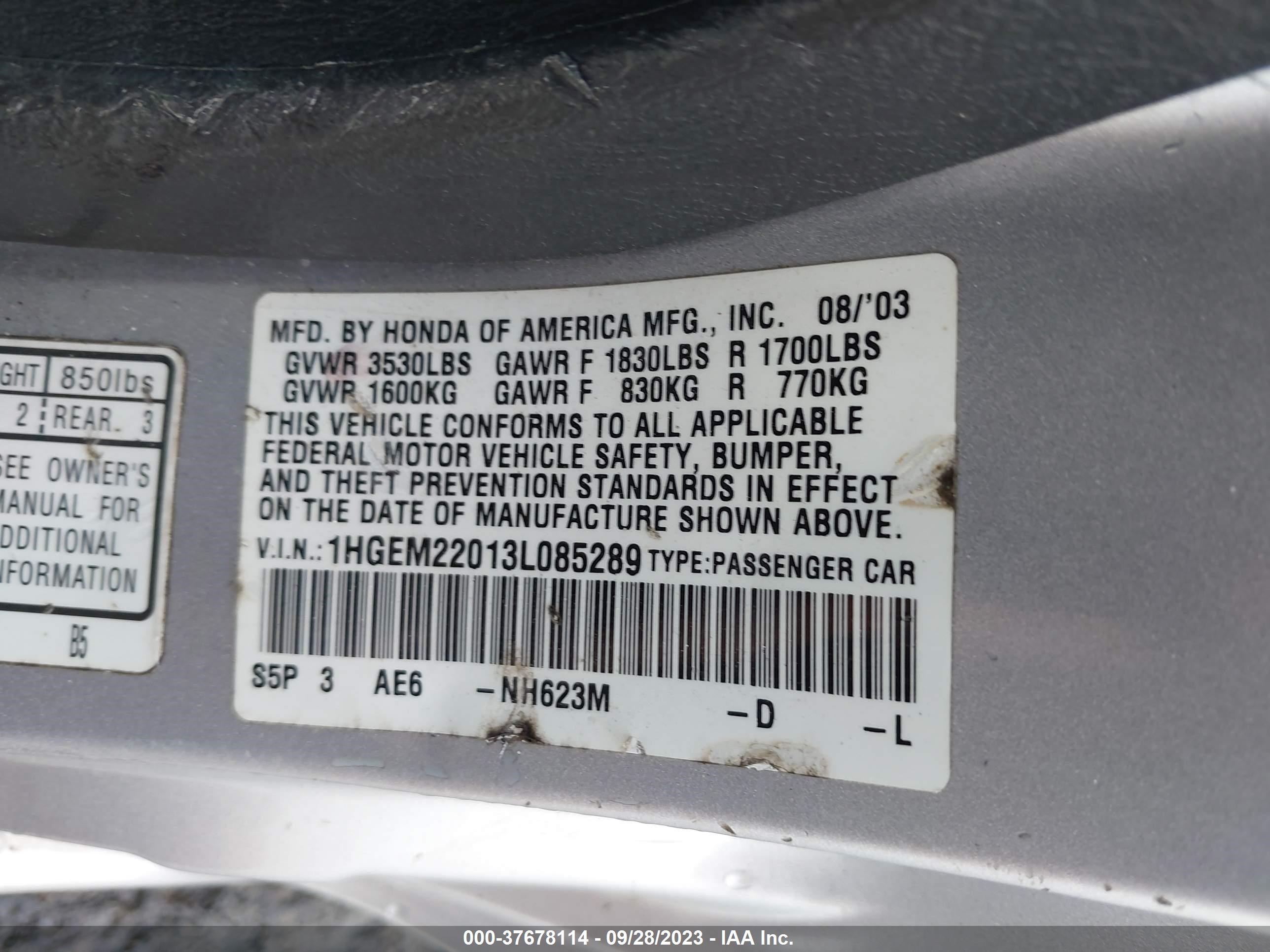 Photo 8 VIN: 1HGEM22013L085289 - HONDA CIVIC 