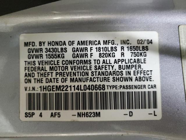 Photo 12 VIN: 1HGEM22114L040668 - HONDA CIVIC DX V 