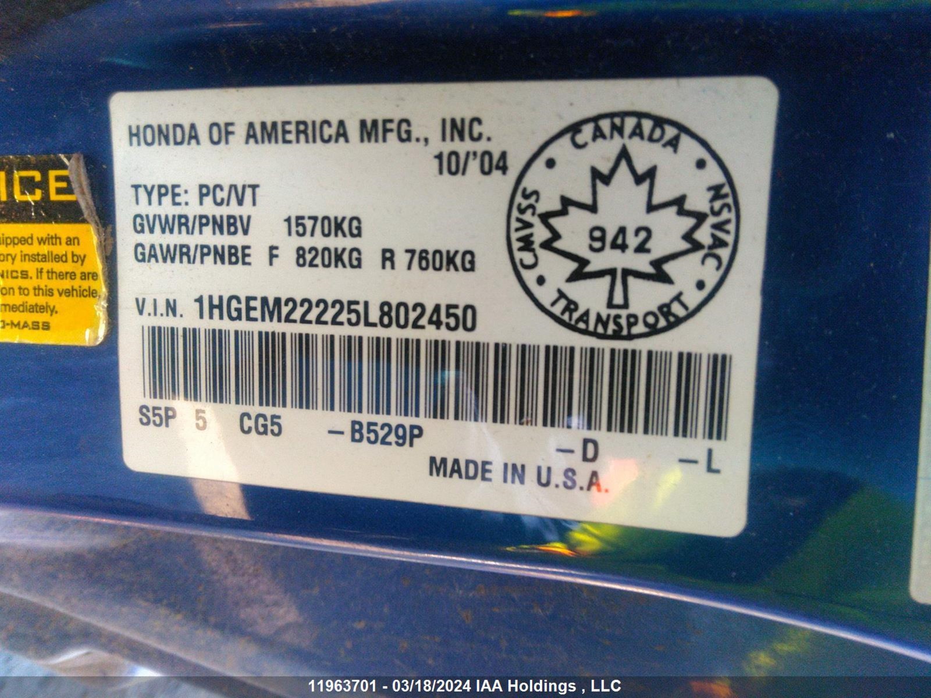 Photo 8 VIN: 1HGEM22225L802450 - HONDA CIVIC 