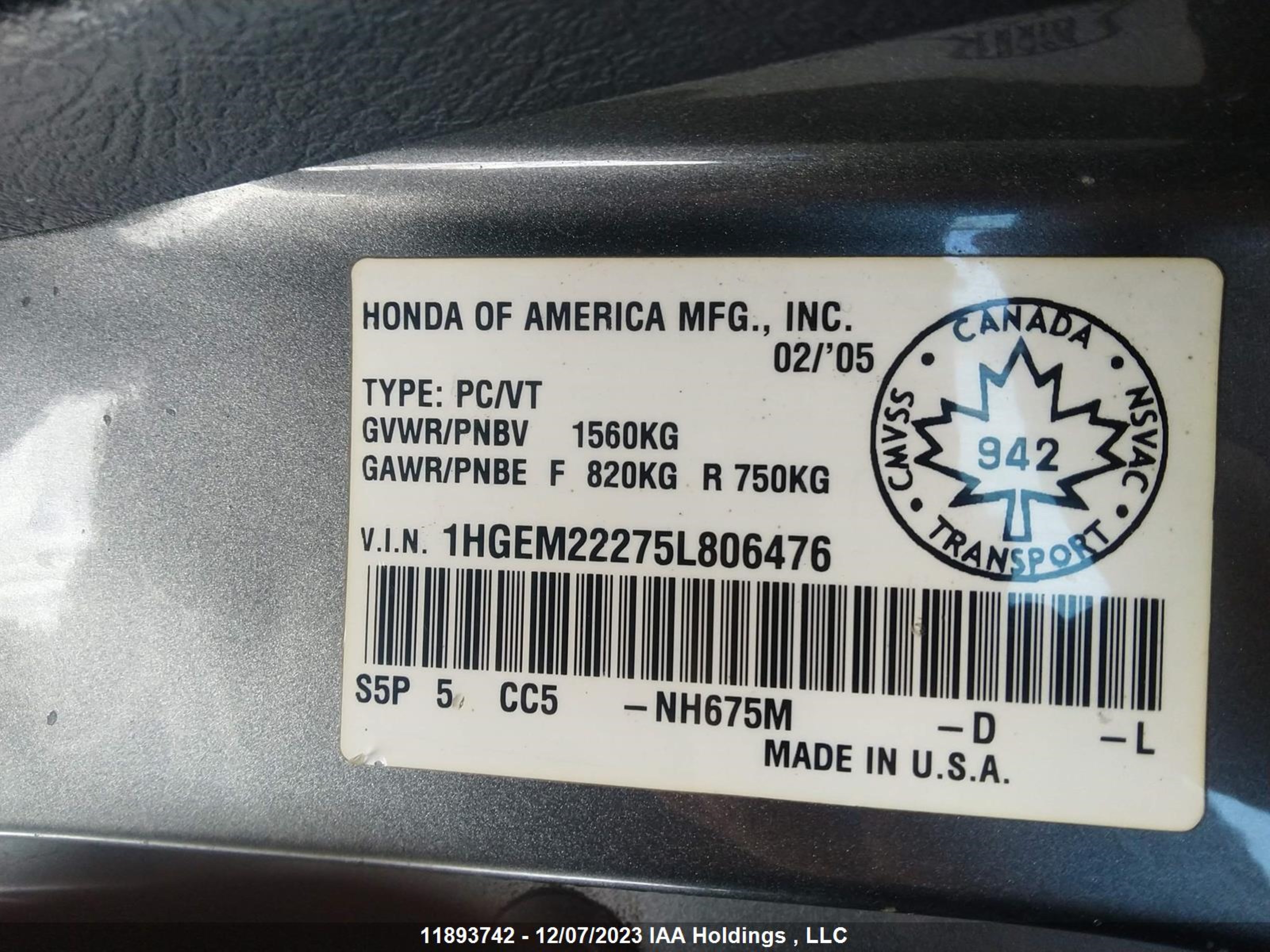 Photo 8 VIN: 1HGEM22275L806476 - HONDA CIVIC 