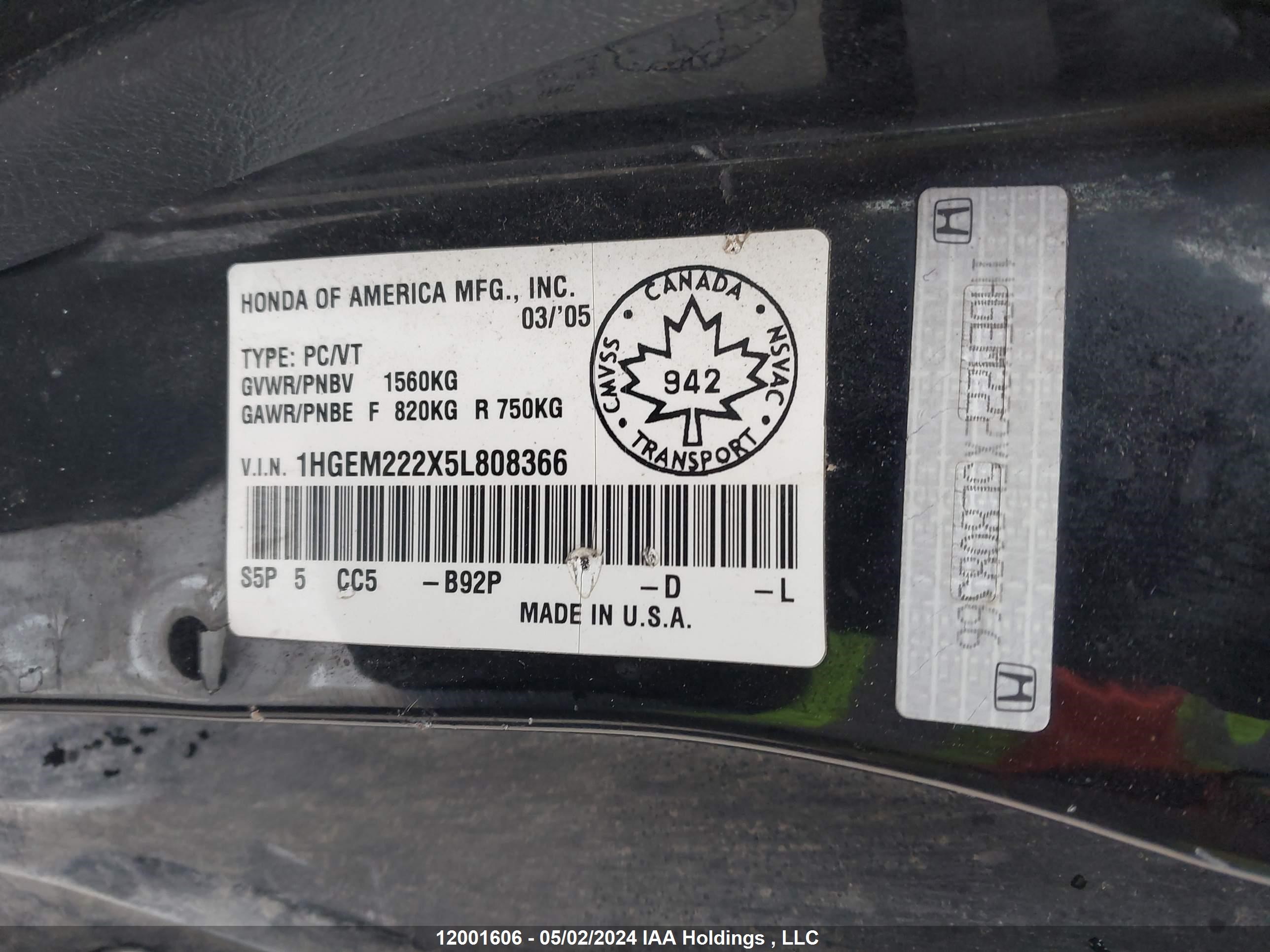 Photo 8 VIN: 1HGEM222X5L808366 - HONDA CIVIC 