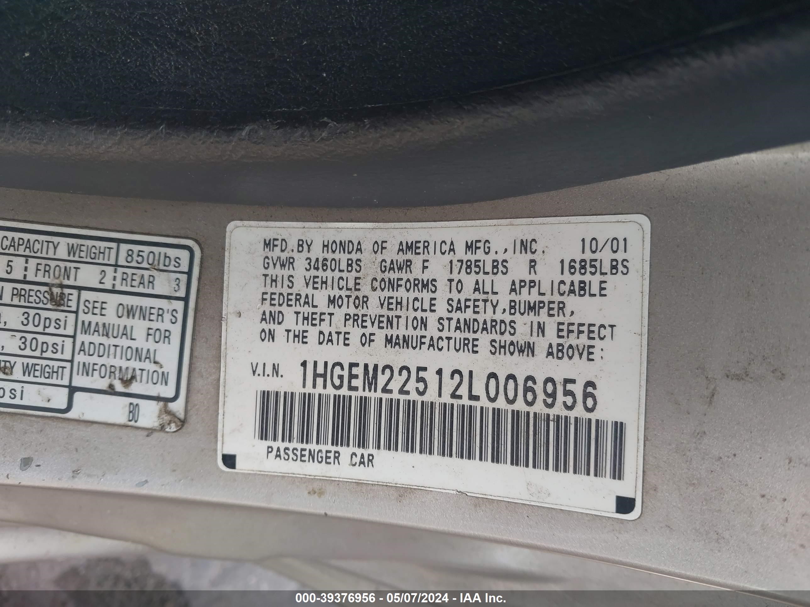 Photo 8 VIN: 1HGEM22512L006956 - HONDA CIVIC 