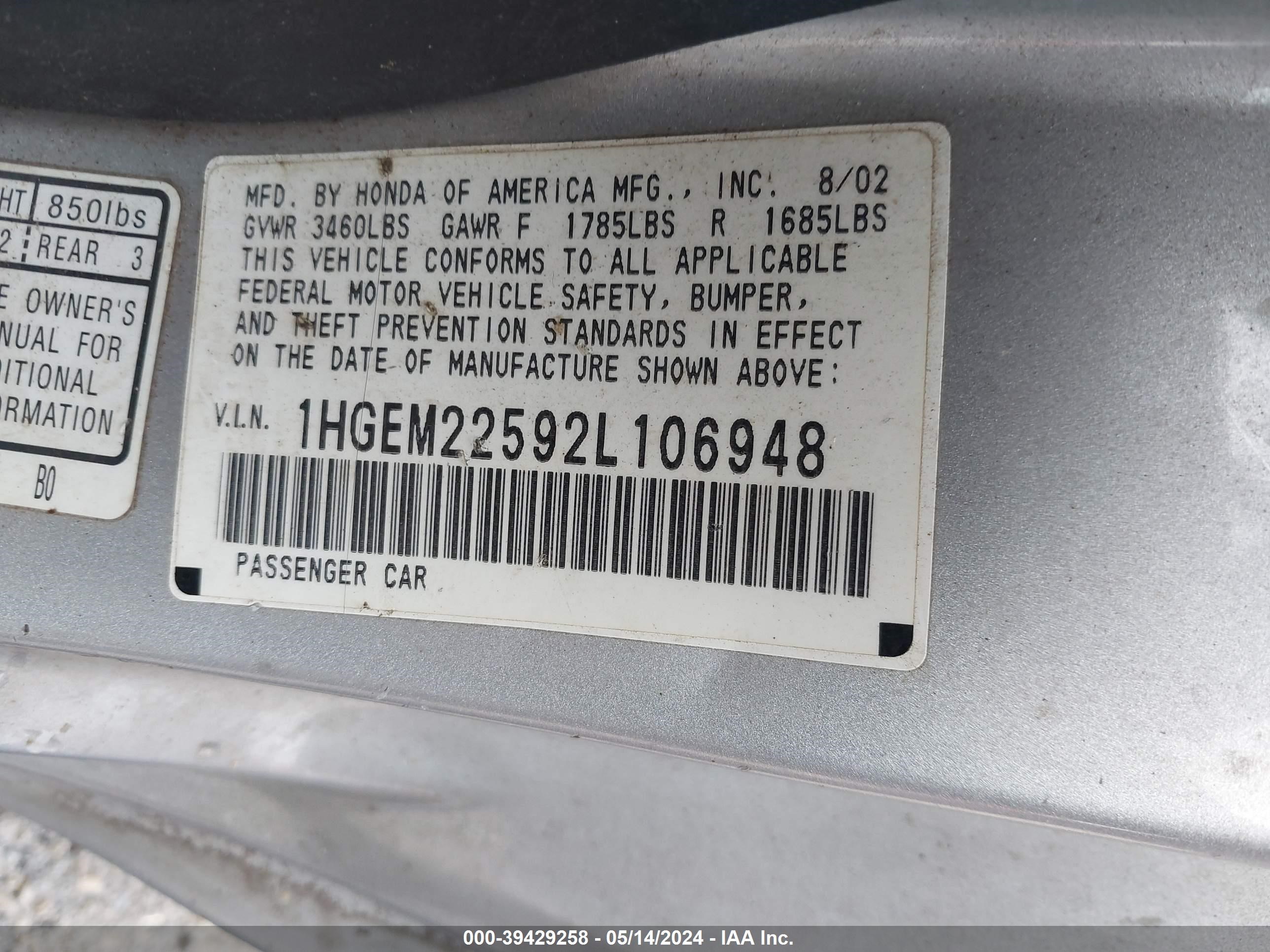 Photo 8 VIN: 1HGEM22592L106948 - HONDA CIVIC 