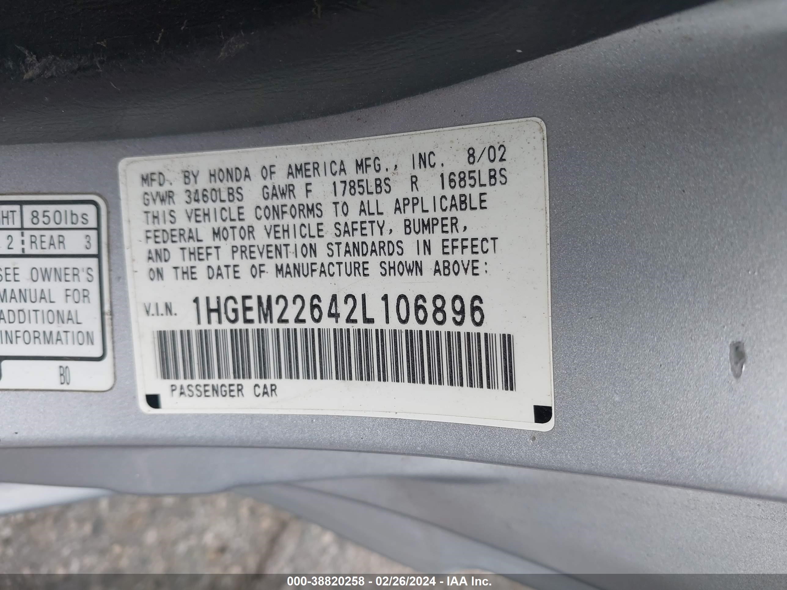 Photo 8 VIN: 1HGEM22642L106896 - HONDA CIVIC 