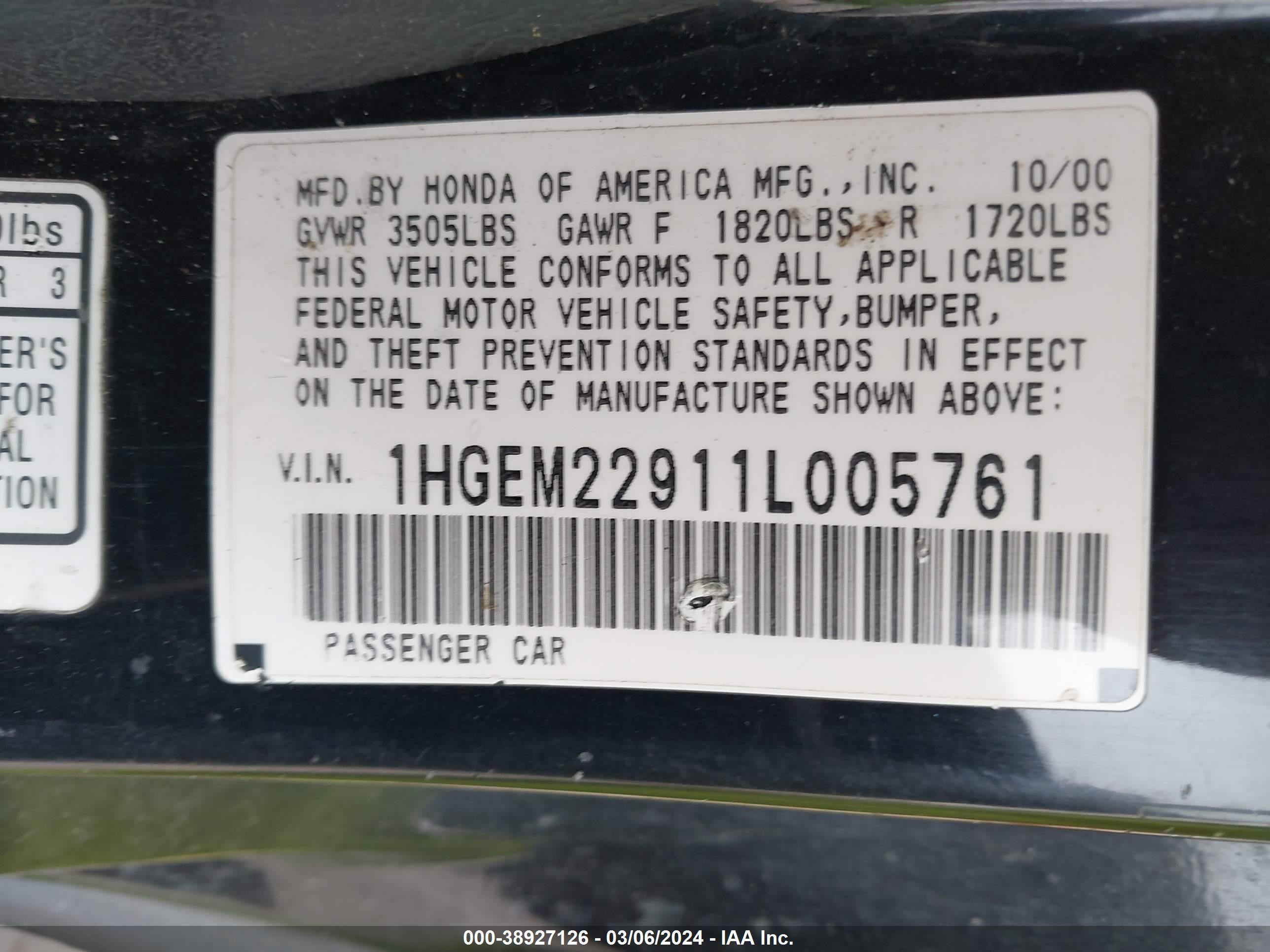 Photo 8 VIN: 1HGEM22911L005761 - HONDA CIVIC 