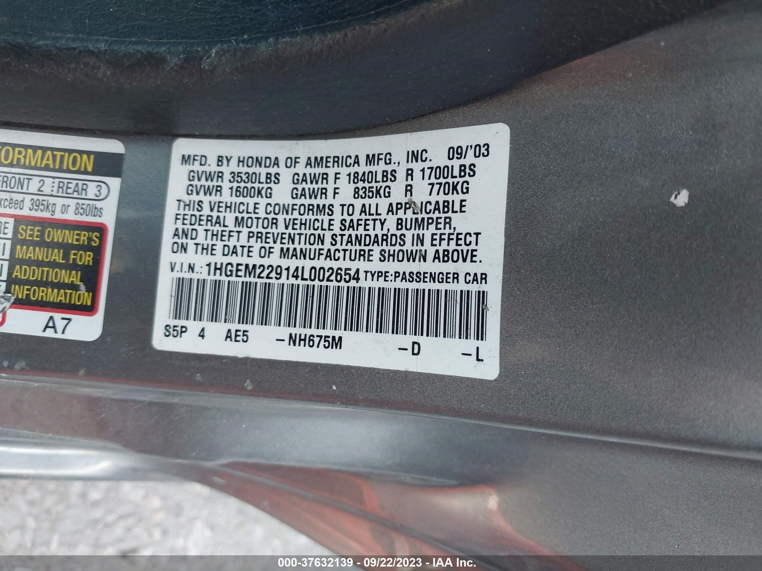 Photo 8 VIN: 1HGEM22914L002654 - HONDA CIVIC 