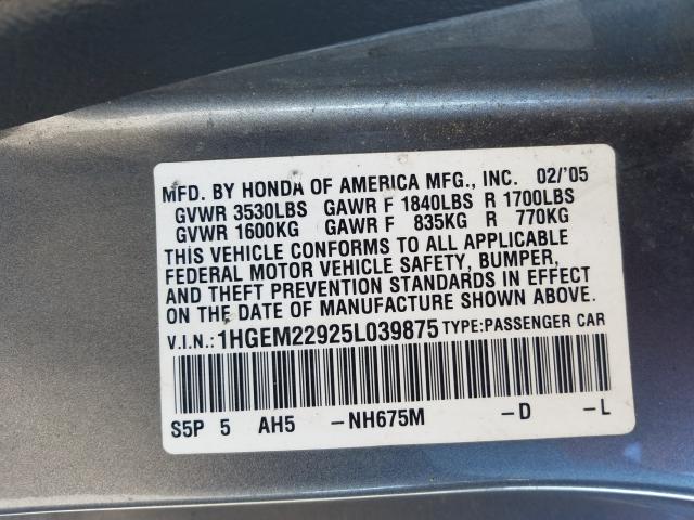 Photo 9 VIN: 1HGEM22925L039875 - HONDA CIVIC EX 