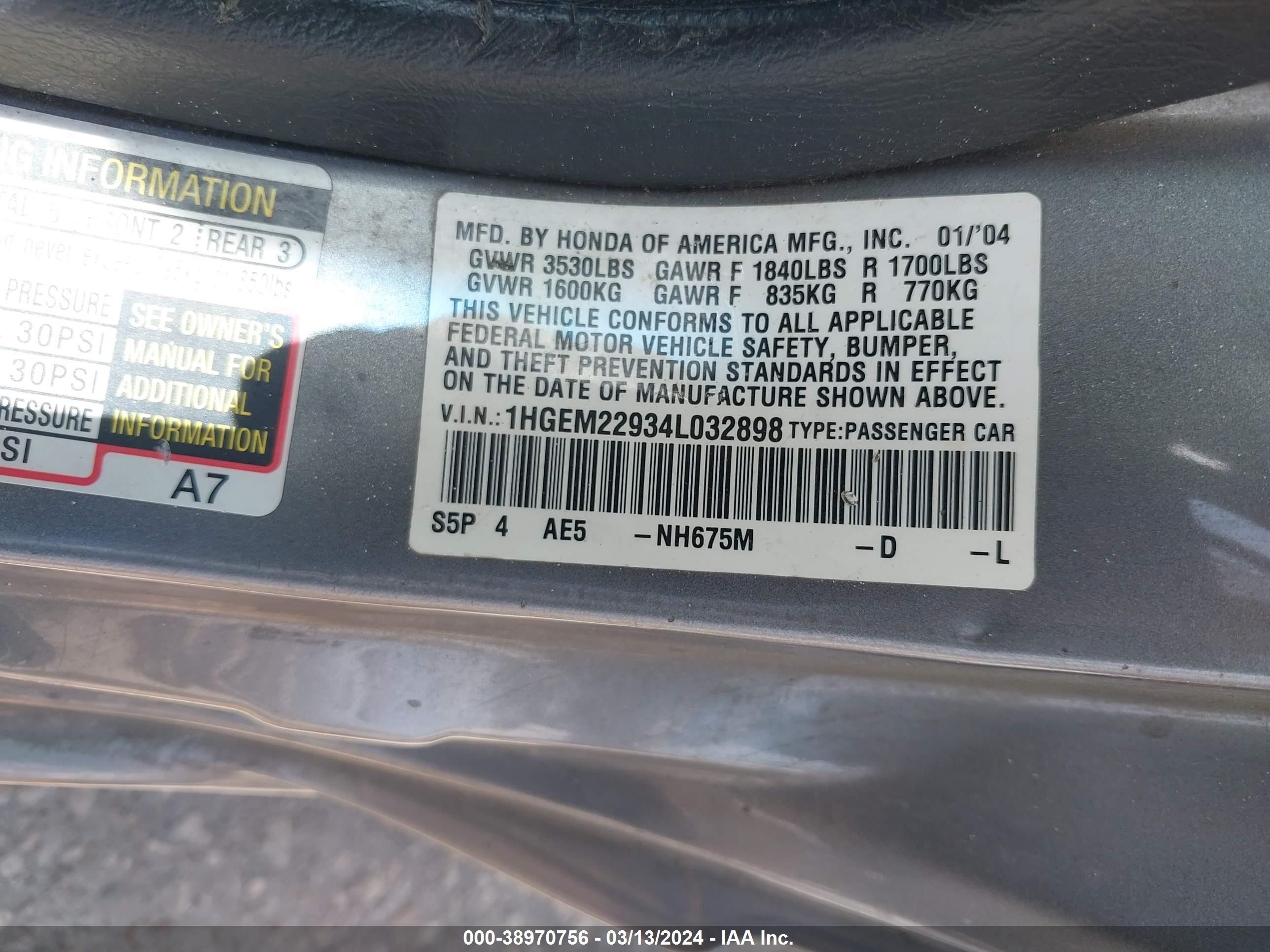 Photo 8 VIN: 1HGEM22934L032898 - HONDA CIVIC 