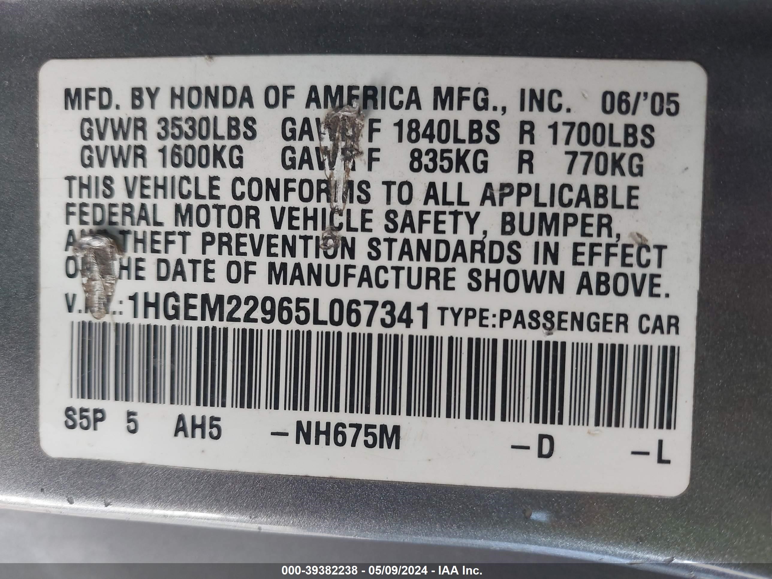 Photo 8 VIN: 1HGEM22965L067341 - HONDA CIVIC 