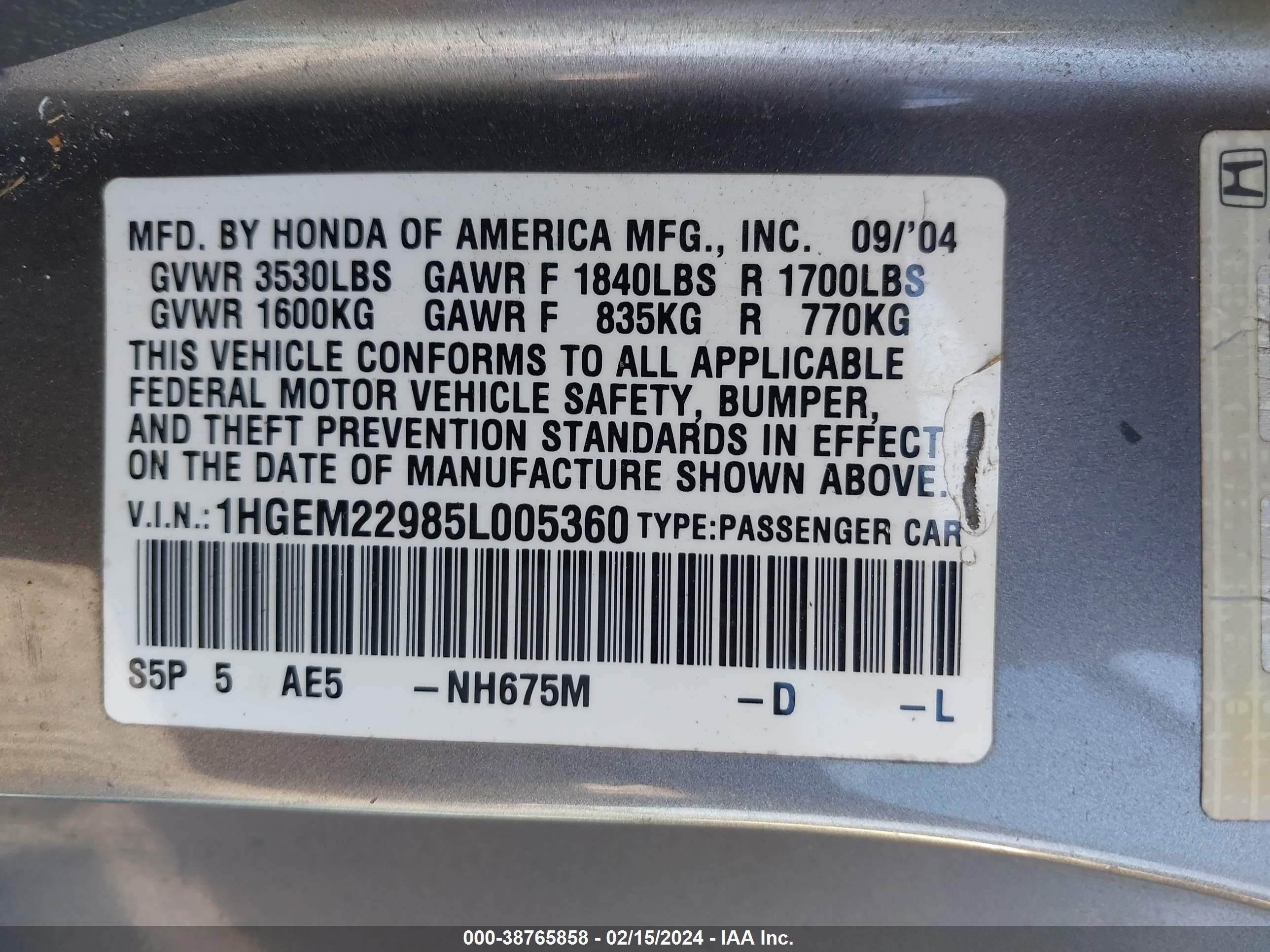 Photo 8 VIN: 1HGEM22985L005360 - HONDA CIVIC 