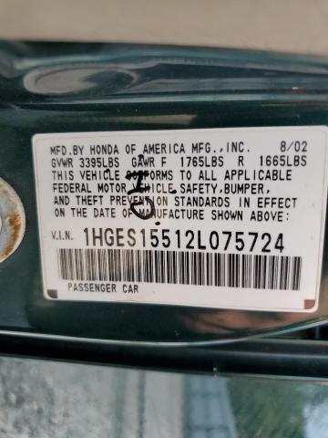 Photo 11 VIN: 1HGES15512L075724 - HONDA CIVIC LX 