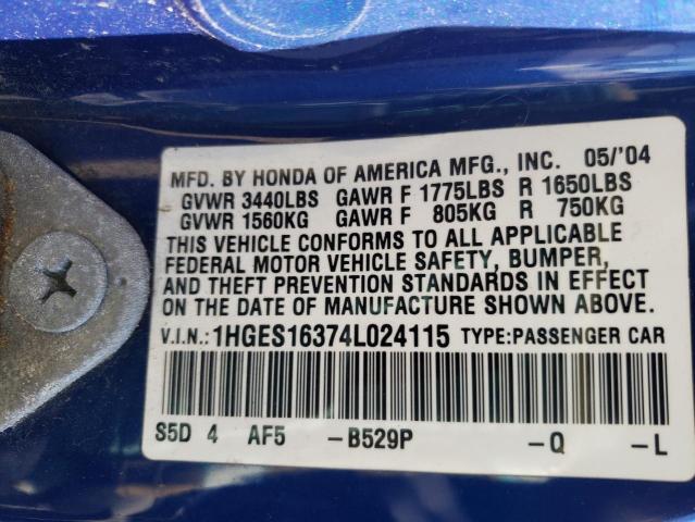 Photo 11 VIN: 1HGES16374L024115 - HONDA CIVIC DX V 