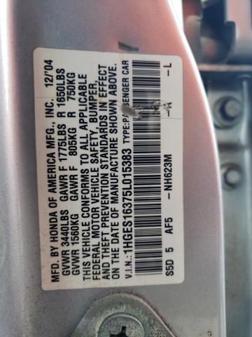 Photo 11 VIN: 1HGES16375L015383 - HONDA CIVIC DX V 