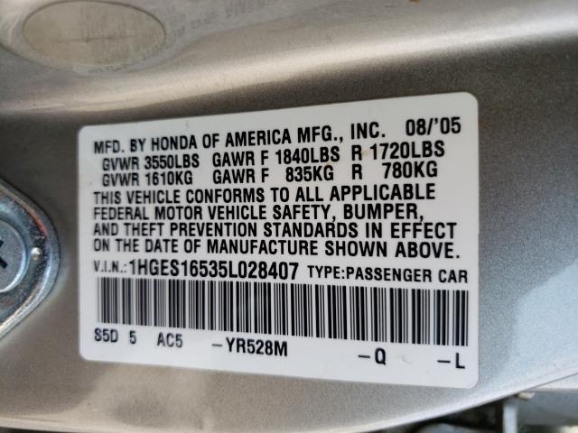 Photo 9 VIN: 1HGES16535L028407 - HONDA CIVIC LX 