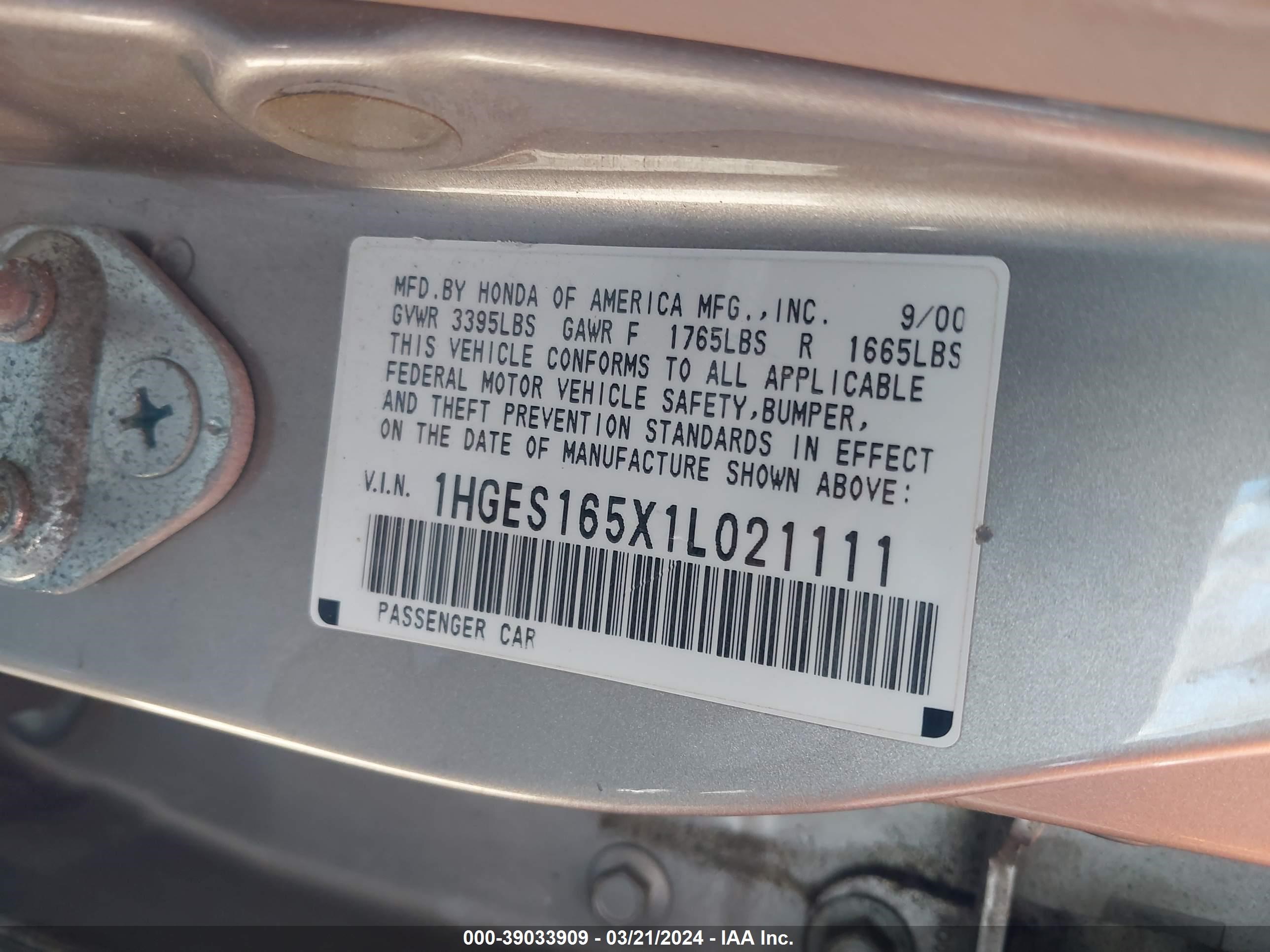 Photo 8 VIN: 1HGES165X1L021111 - HONDA CIVIC 