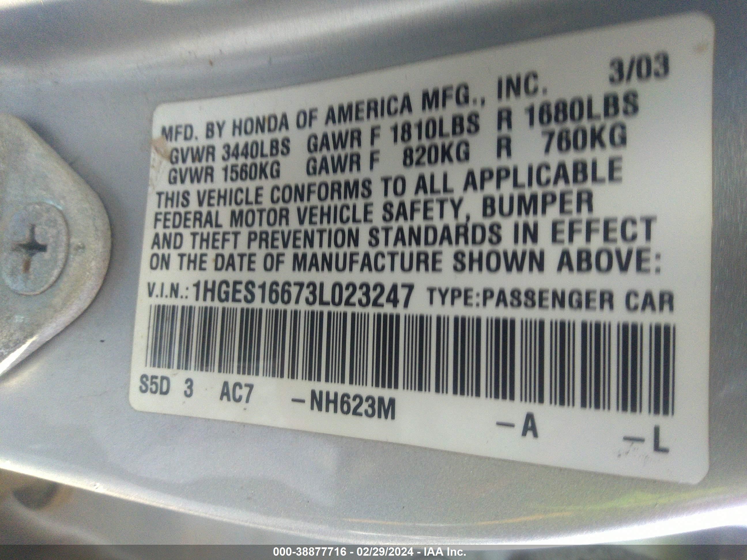 Photo 8 VIN: 1HGES16673L023247 - HONDA CIVIC 