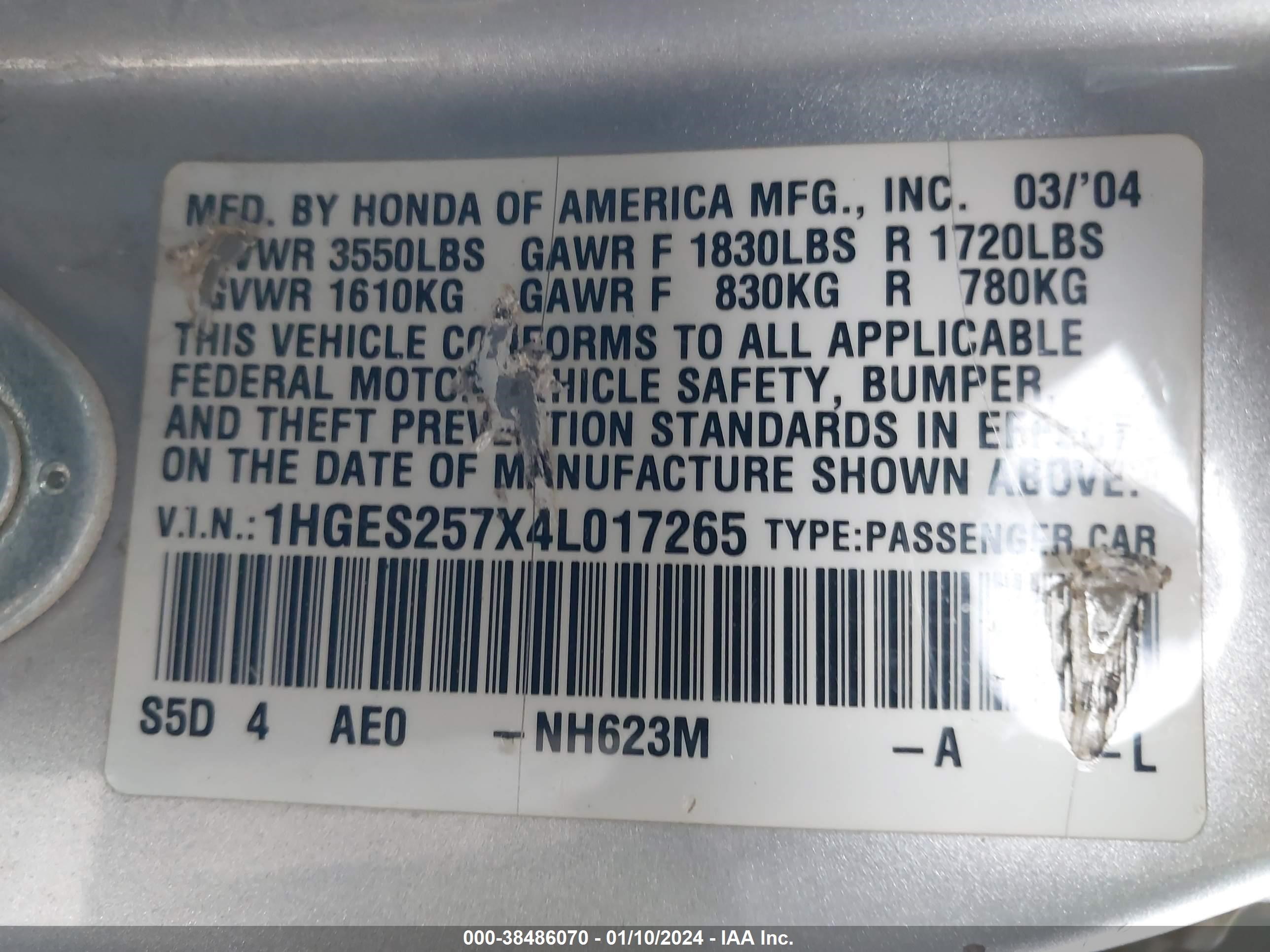 Photo 8 VIN: 1HGES257X4L017265 - HONDA CIVIC 