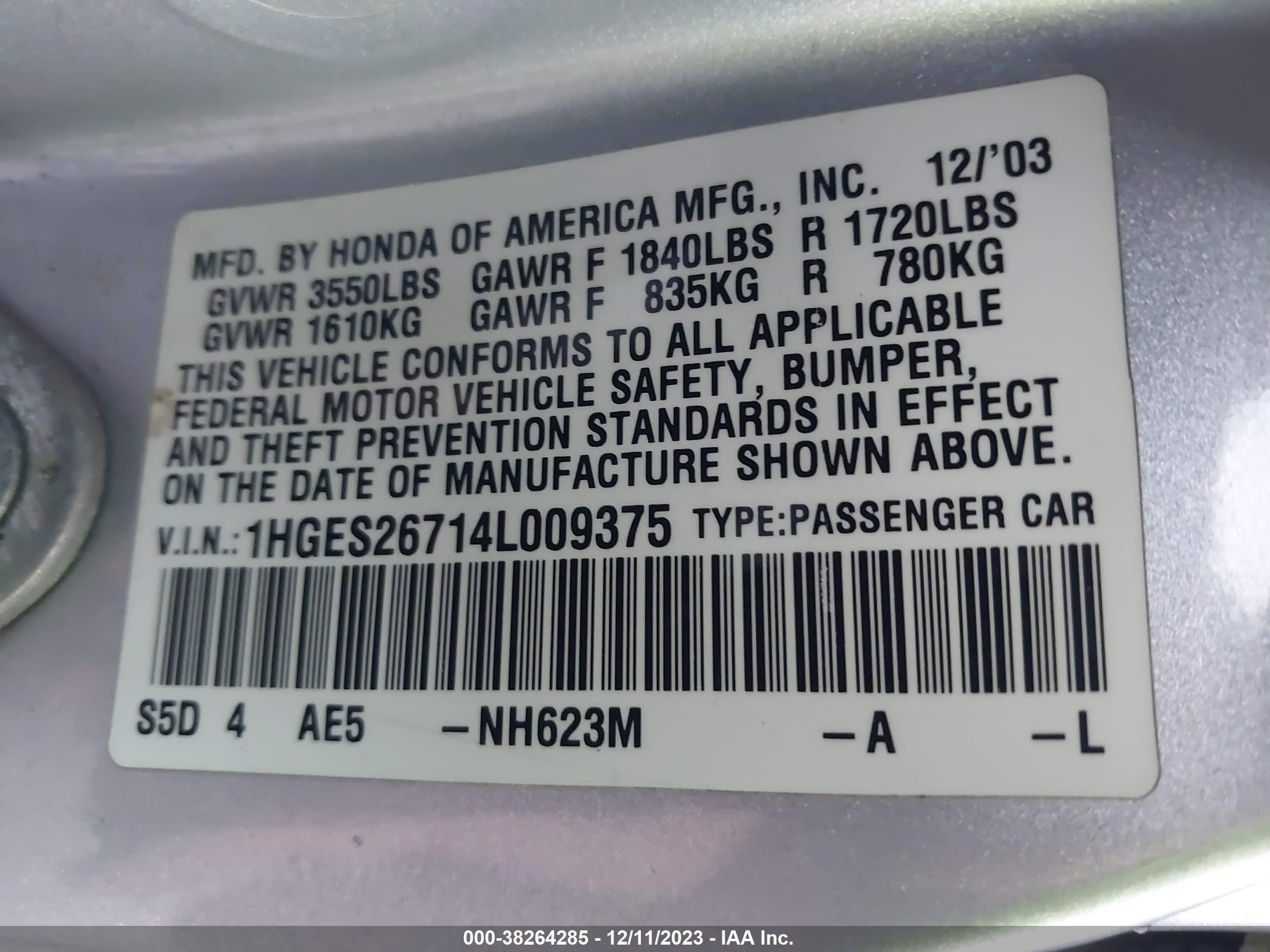 Photo 8 VIN: 1HGES26714L009375 - HONDA CIVIC 